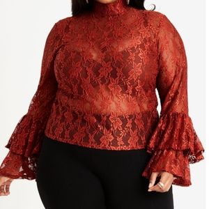 NWT Ashley Stewart Rust Lace Bell Sleeve Top 22/24